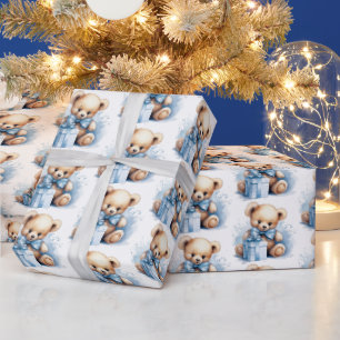 Papier Cadeau Bébé Bleu mou Garçon Teddy Ours