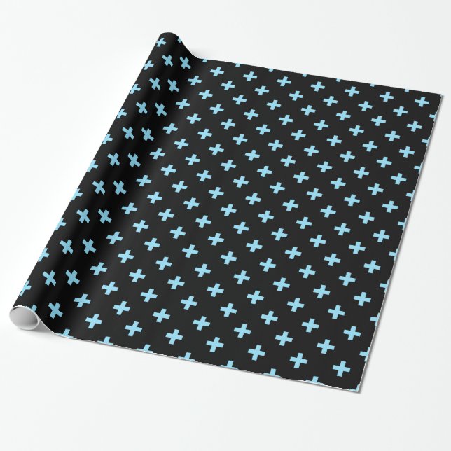 Papier Cadeau Bébé bleu polka croise sur noir (Déroulé)