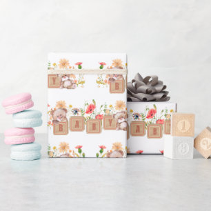 Papier Cadeau Bébé Blocs, Ours et Fleurs Sauvages