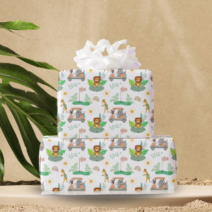 Papier Cadeau Bébé Bohème Éléphant, Singe, Lion Motif Bébé Golf