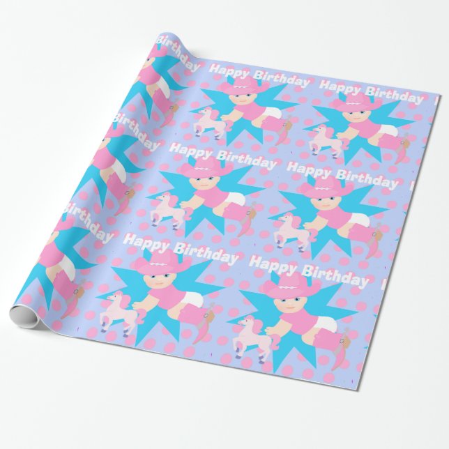 Papier Cadeau Bébé Cowgirl heureux Anniversaire Poka Dot (Déroulé)