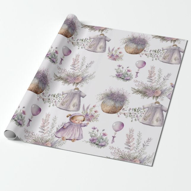 Papier Cadeau Bébé dans l'aquarelle Lavande Fleur papier envelop (Déroulé)