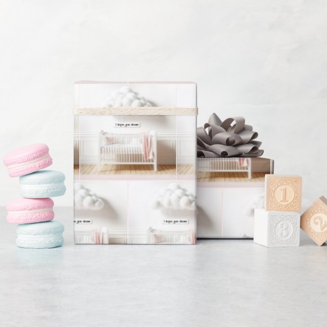Papier Cadeau Bébé dans une crèche avec nuages (Baby Shower)