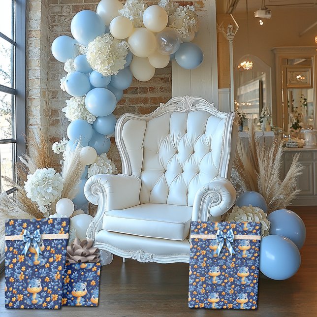 Papier Cadeau Bébé dinosaure bleu Fleurs jaunes et bleues (Créateur téléchargé)