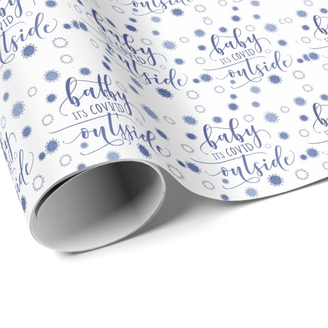 Papier Cadeau BÉBÉ drôle SON COVID EXTÉRIEUR Typographie Bleu (Coin rond)