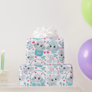 Papier Cadeau Bébé Éléphant Garçon Mignon Bleu Baptême Baby Show