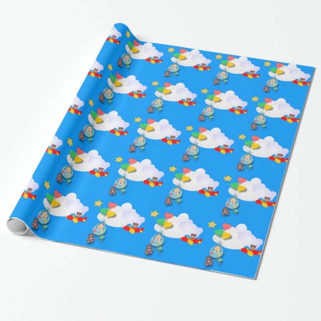 Papier Cadeau Bébé et ballons et ours dans un avion (Déroulé)