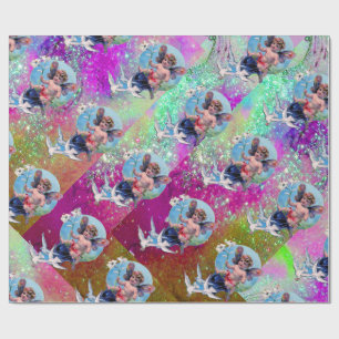 PAPIER CADEAU BÉBÉ FAIRY AVEC DES POIGNES EN PURPLE TURQUOISE BL