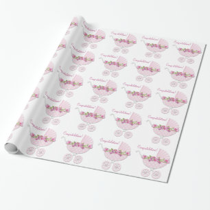 Papier Cadeau Bébé Fille au Berceau Rose