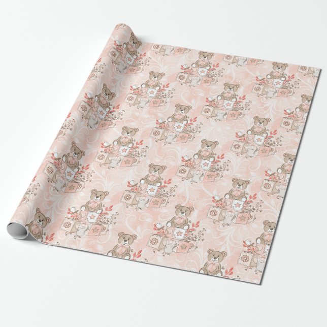 Papier Cadeau Bébé fille Douche Nounours envelopper papier (Déroulé)