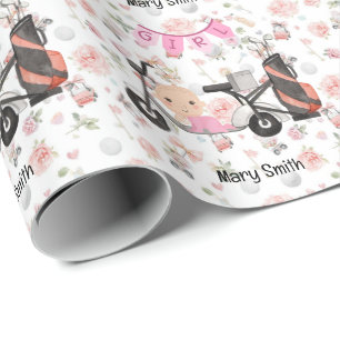 Papier Cadeau Bébé fille golf pour Baby Shower sur rose