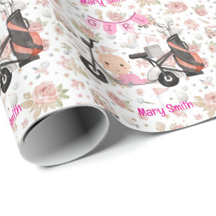 Papier Cadeau Bébé fille golf pour Baby Shower sur rose