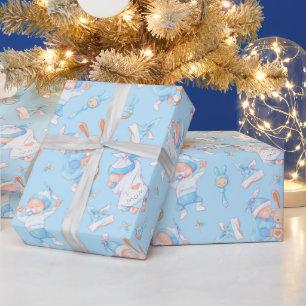 Papier Cadeau Bébé garçon câlinant un lapin J'aime maman cœur