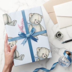 Papier Cadeau Bébé Garçon Teddy Ours Bleu Aquarelle Cadeau