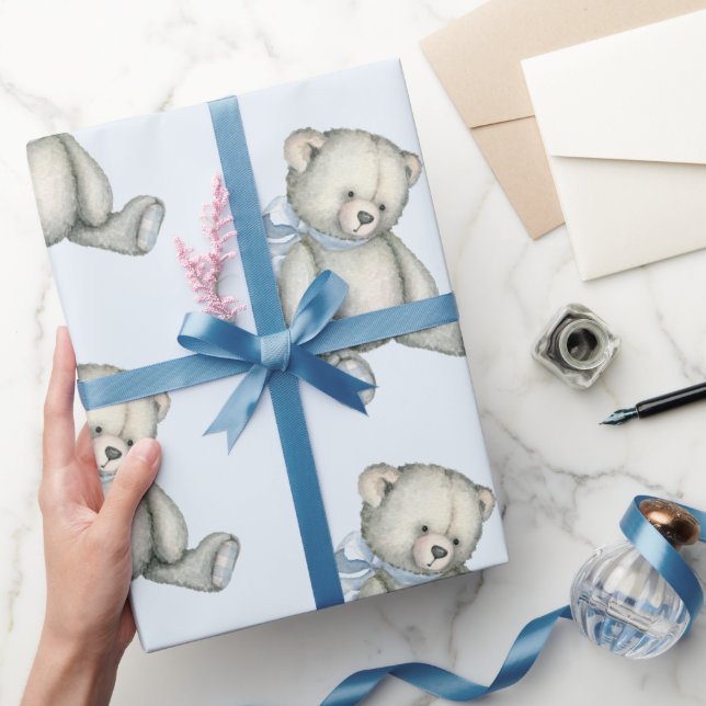 Papier Cadeau Bébé Garçon Teddy Ours Bleu Aquarelle Cadeau (Cadeaux)