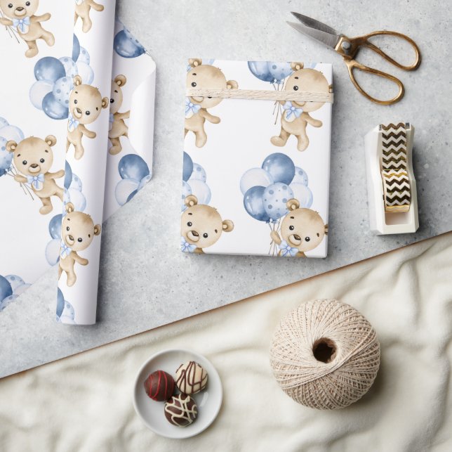 Papier Cadeau Bébé Garçon Teddy Ours Bleu Aquarelle Papier d'env (Artisanat)