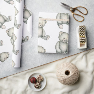 Papier Cadeau Bébé Gris Teddy Ours Sexe Aquarelle Neutre