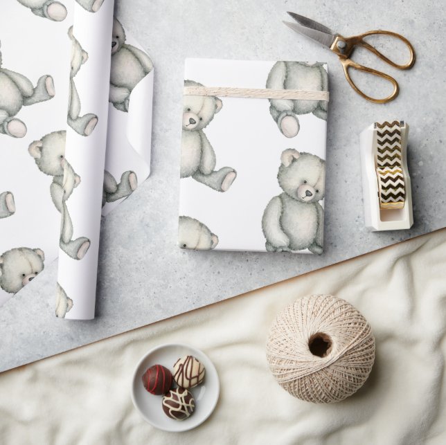 Papier Cadeau Bébé Gris Teddy Ours Sexe Aquarelle Neutre (Artisanat)