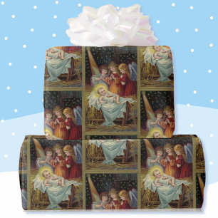 Papier Cadeau Bébé Jésus 3 Anges Reproduction de la carte Vintag