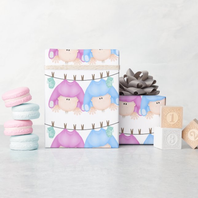 Papier Cadeau Bébé jumeau garçon et fille en ligne de linge (Baby Shower)