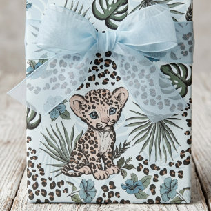 Papier Cadeau Bébé Léopard Bleu Safari Enfants Motif Jungle
