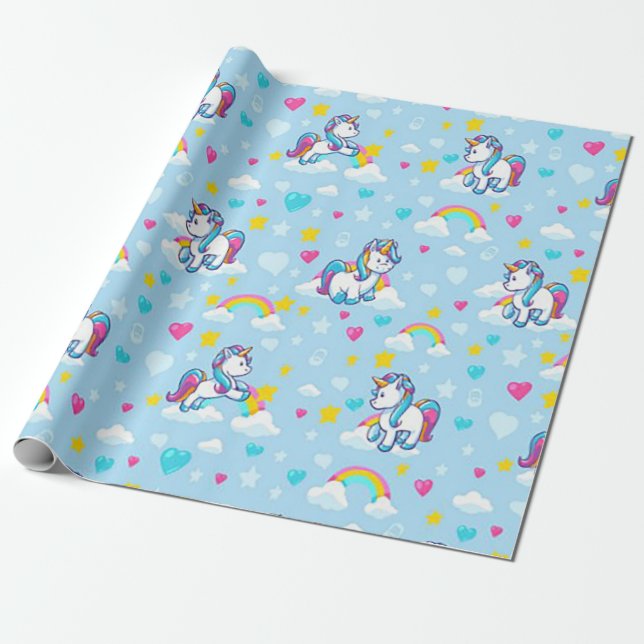Papier Cadeau Bébé licornes et arcs-en-ciel (Déroulé)