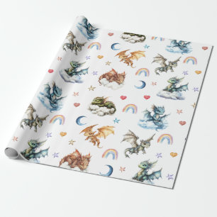 Papier Cadeau Bébé mignon Dragon Aquarelle Nuages Nuit