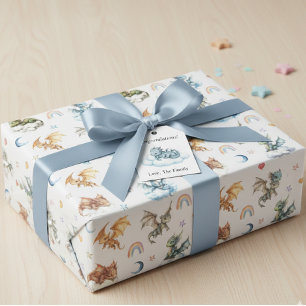 Papier Cadeau Bébé mignon Dragon Aquarelle Nuages Nuit