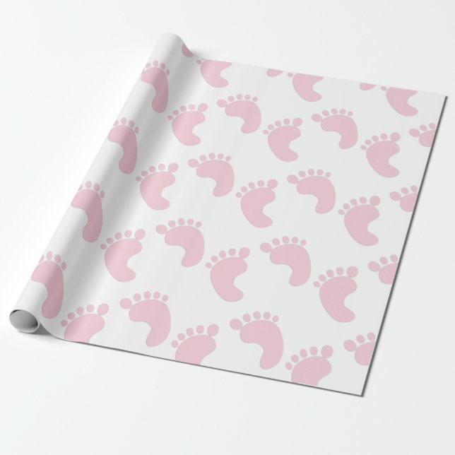 Papier Cadeau Bébé mignon Empreintes Pink Girl Thème Cadeau (Déroulé)