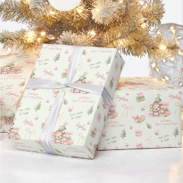 Papier Cadeau Bébé mignon fille rose vert Nom Texte Noël