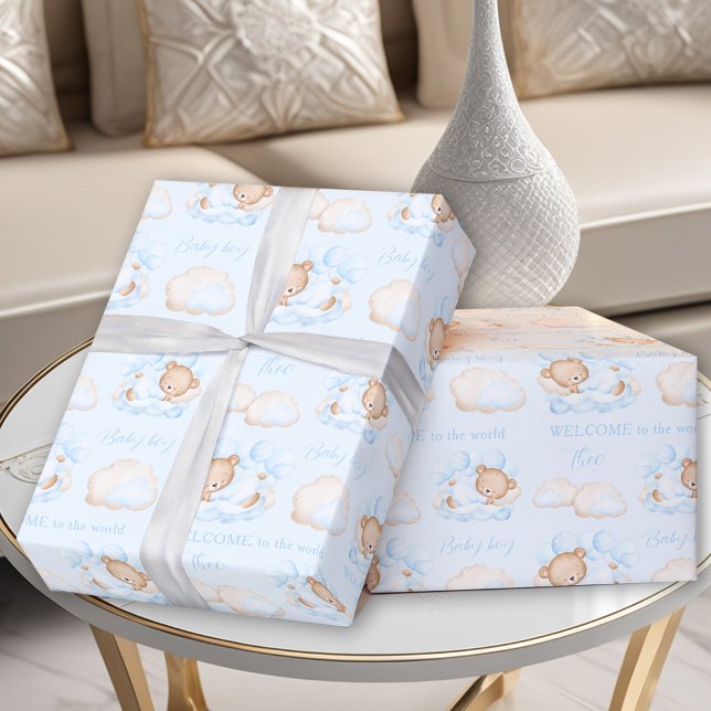 Papier Cadeau Bébé Ours Bleu Nouveau-né Bébé Nom du garçon (Baby Bear Blue Newborn Baby Boy Name Wrapping Paper)