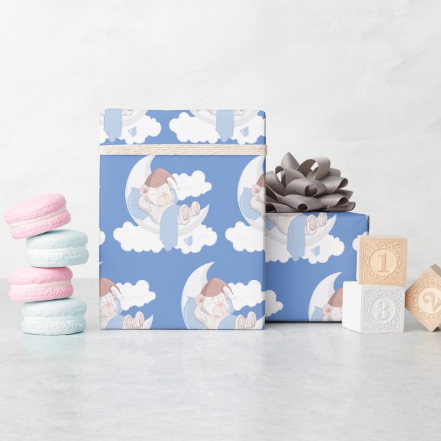 Papier Cadeau Bébé Ours Dormir Sur Une Lune (Baby Shower)