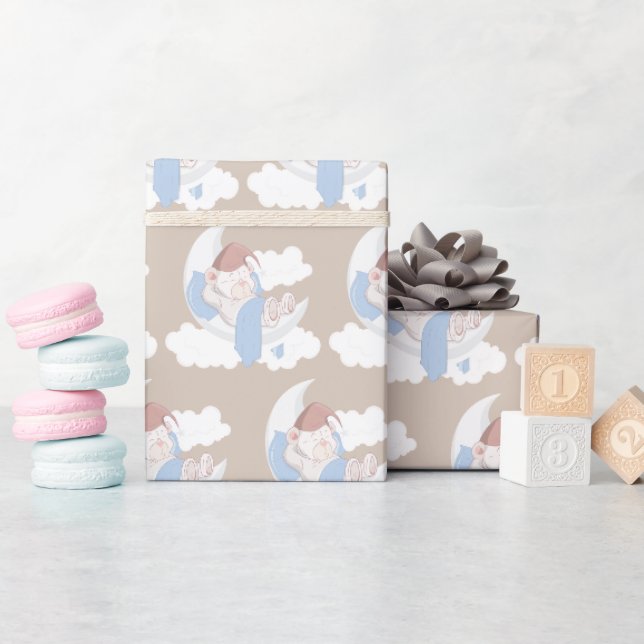 Papier Cadeau Bébé Ours Dormir Sur Une Lune (Baby Shower)