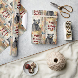 Papier Cadeau Bébé Ours personnalisé Neutre Anniversaire