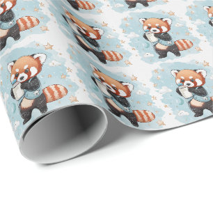 Papier Cadeau Bébé Panda roux Motif aquarelle pastel mignon 