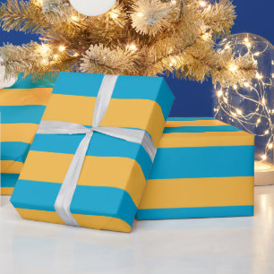 Papier Cadeau Bébé personnalisé Bleu et Jaune, bandes horizontal