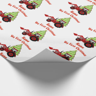Papier Cadeau Bébé PREMIER MARQUAGE DE Noël TRACTEUR ROUGE Perso