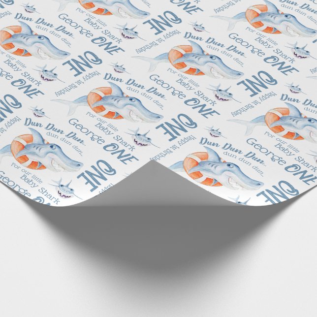 Papier Cadeau Bébé requin 1er anniversaire aquarelle personnalis (Coin)