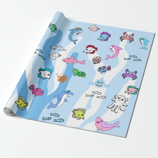 Papier Cadeau Bébé requin Famille et Créatures marines Anniversa (Déroulé)
