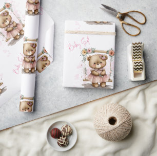 Papier Cadeau Bébé rose Fille Teddy Baby shower ours