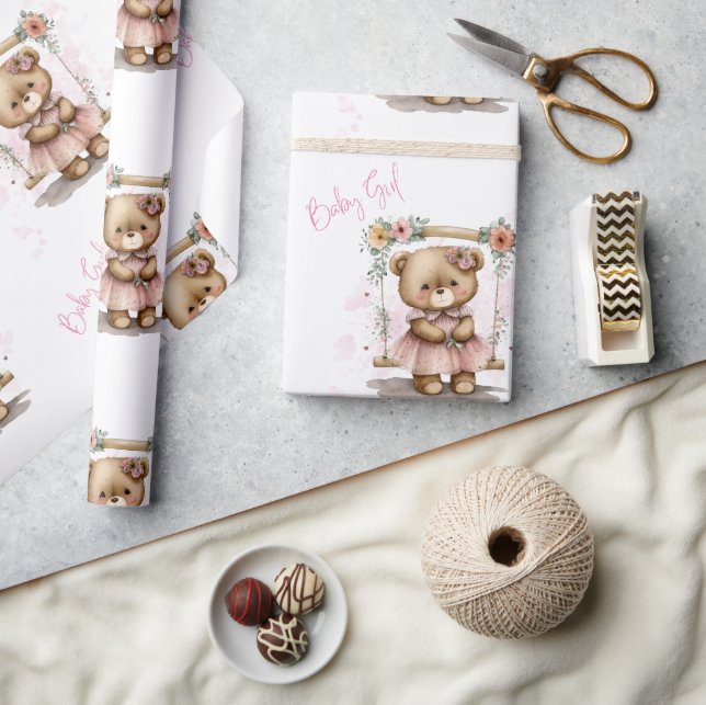 Papier Cadeau Bébé rose Fille Teddy Baby shower ours (Artisanat)