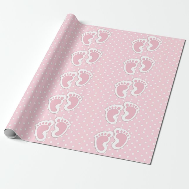 Papier Cadeau Bébé rose mignonne Motif empreintes de filles (Déroulé)