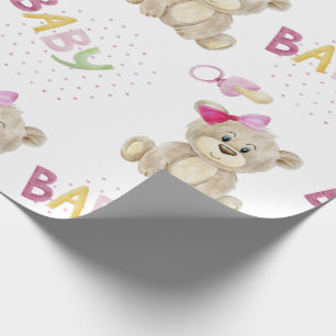 Papier Cadeau Bébé rose Ours Aquarelle Bébé Fille Douche Cadeau