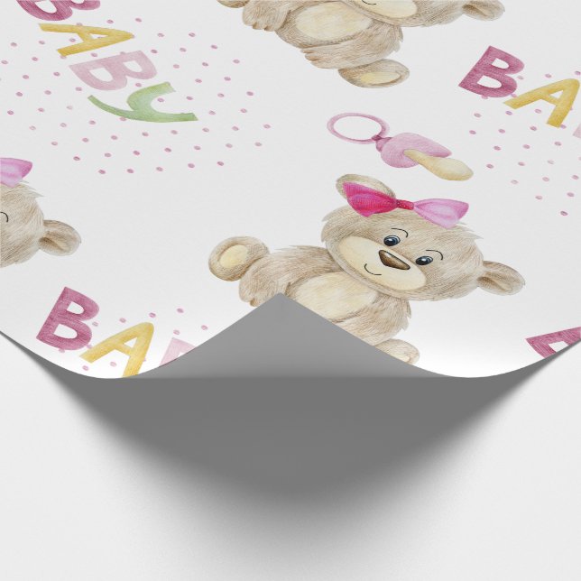 Papier Cadeau Bébé rose Ours Aquarelle Bébé Fille Douche Cadeau (Coin)