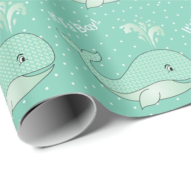 Papier Cadeau Bébé vert clair baleines (Coin rond)