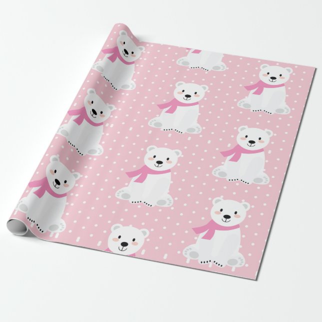 Papier Cadeau Bébée à l'ours polaire, rose (Déroulé)