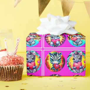 Papier Cadeau Bébés zèbres mignons avec des coeurs