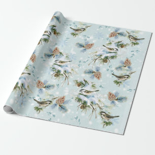 Papier Cadeau Bécasseau Oiseau Neige Pinecone Bois Noël