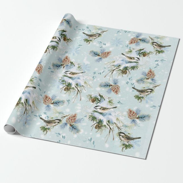 Papier Cadeau Bécasseau Oiseau Neige Pinecone Bois Noël (Déroulé)