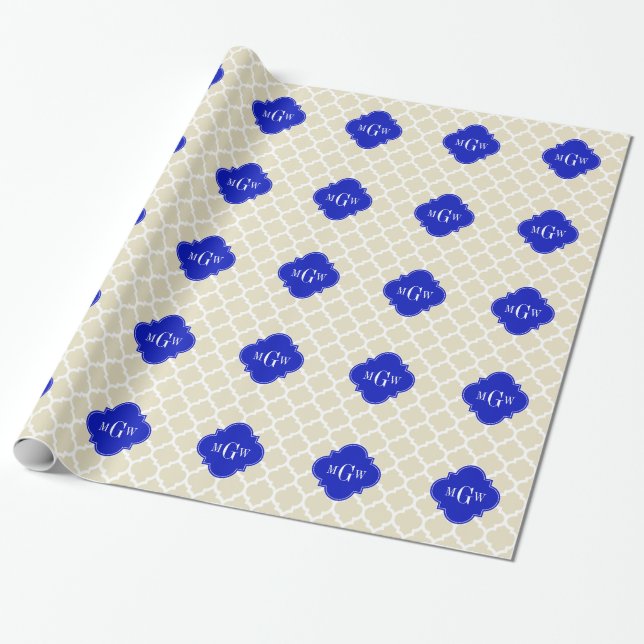 Papier Cadeau Beige Avec Marocain #5 Bleu Royal 3 Monogramme Ini (Déroulé)